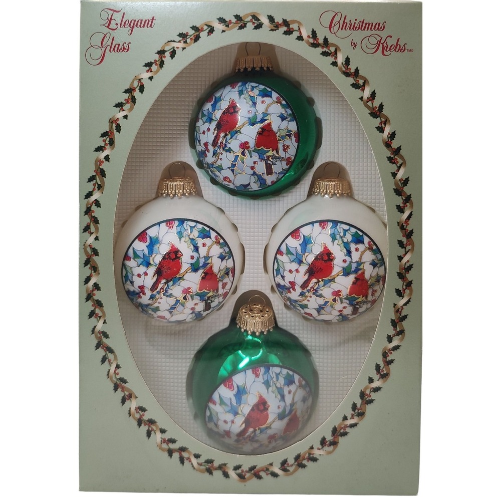 Vintage Christmas by Krebs Round Ornaments Glass Mosaic Cardinals Set of‎ Six